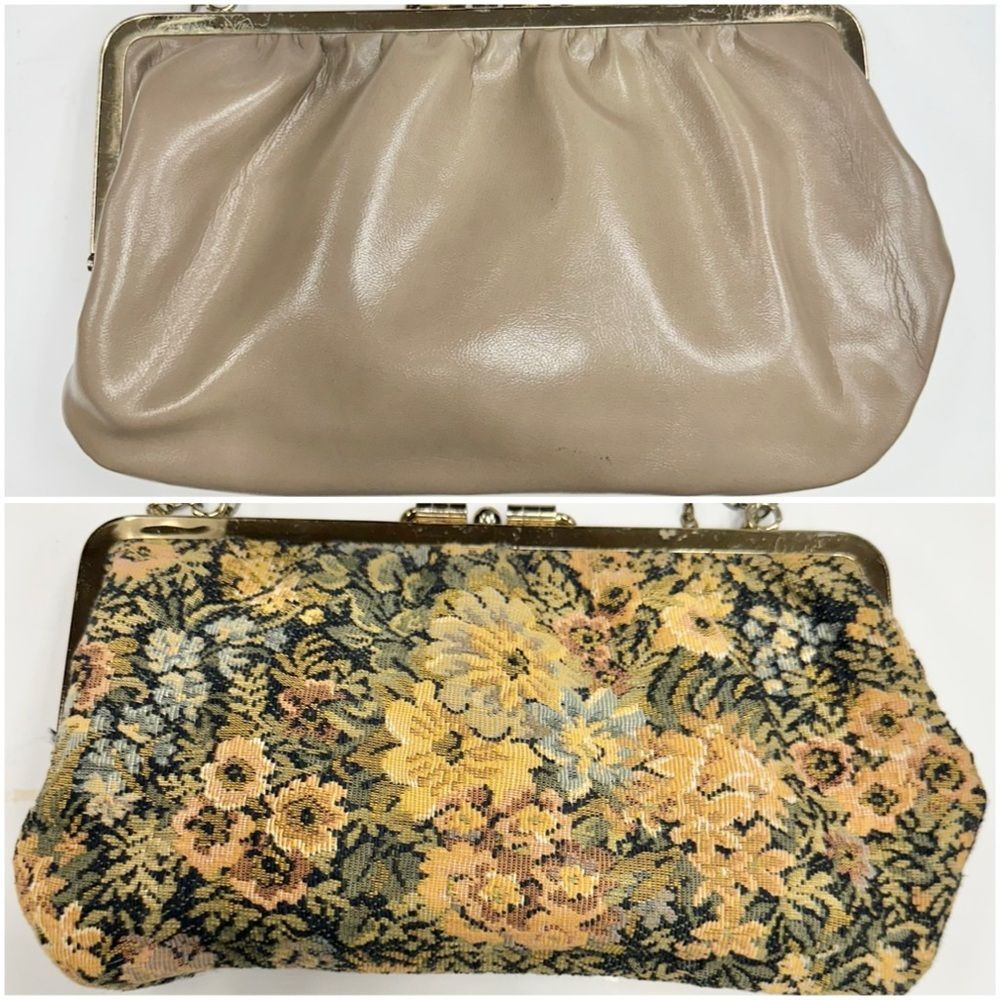 Vintage 70s Reversible Tapestry Beige Clutch Purse Floral Kiss Lock Cottage Bag